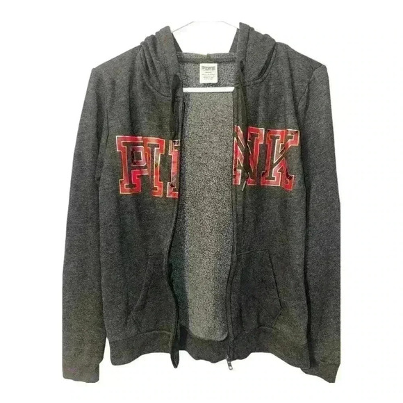 PINK Gray/Red Logo Full Zip Hoodie, Medium - Picture 4 of 6